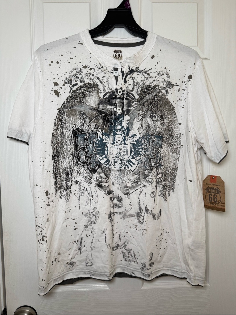 Route 66 Men’s White Graphic Henley Tee with Black and Gray Crest